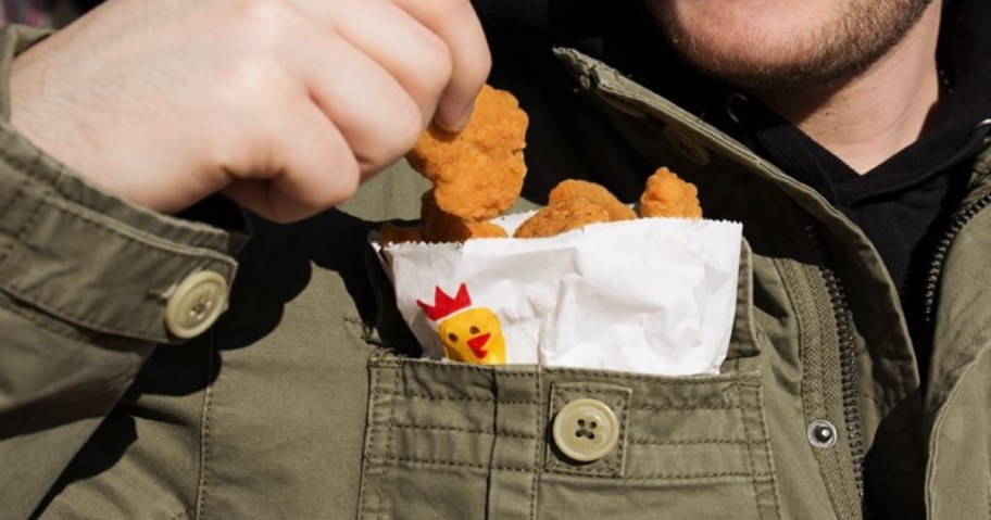 nuggets in a bag, in a man's jacket pocket