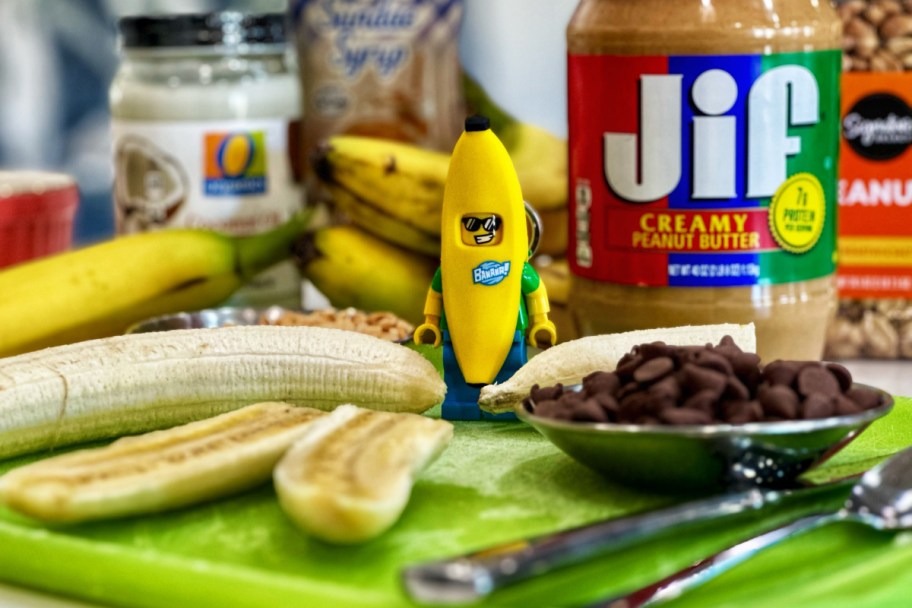 lego banana guy in the middle of ingredients for frozen bananas