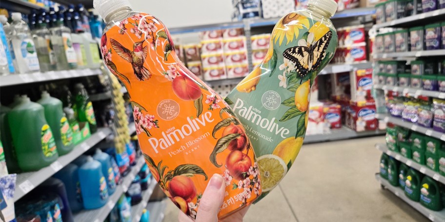 hand holding lemonade and peach palmolive dish soap