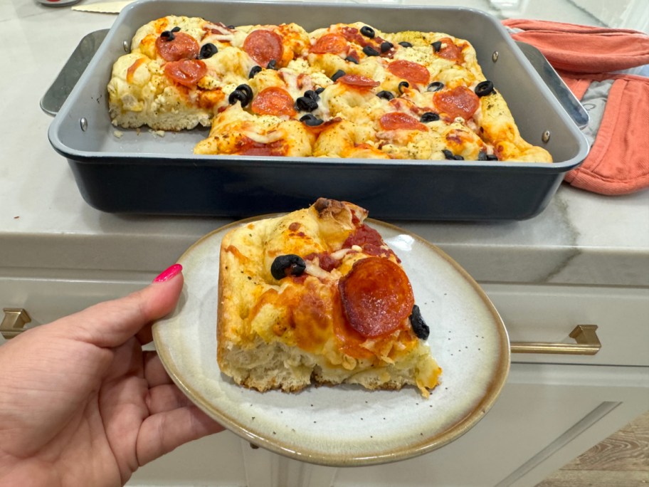 slice of focaccia pizza on a plate
