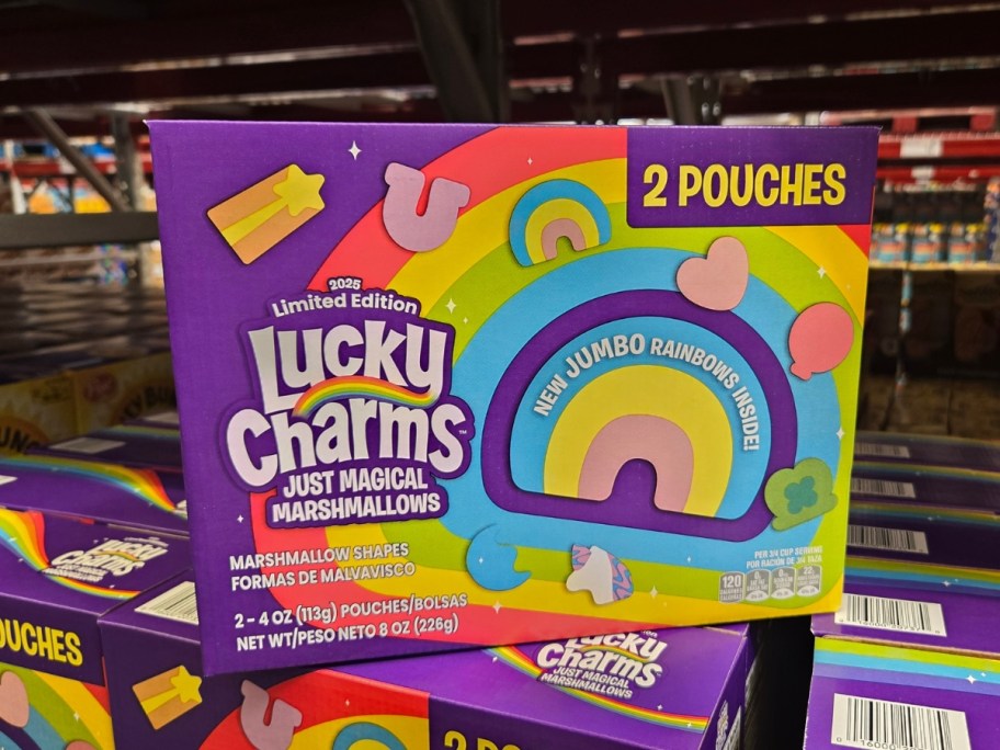 a large colorful box of Lucky Charms Just Magical Marshmallows in a Sam's Club