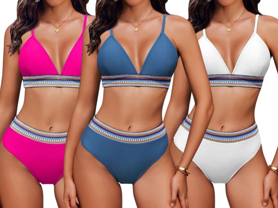 3 women wearing colorful 2-piece swimsuits 