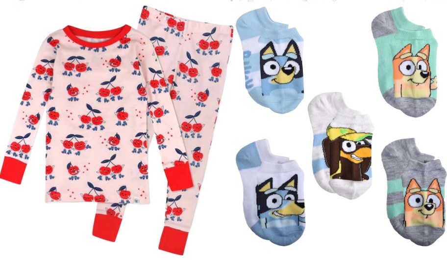 cherry pajamas and 5 bluey socks