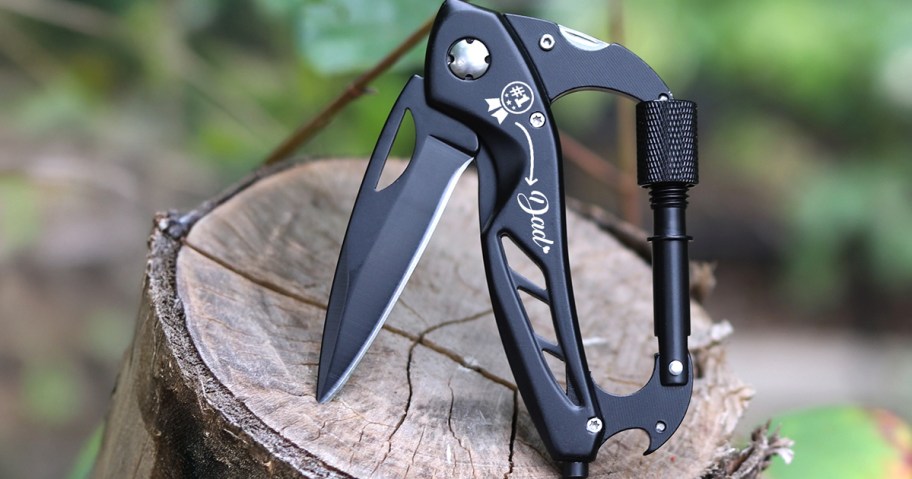 multitool knife keychain on a tree stump