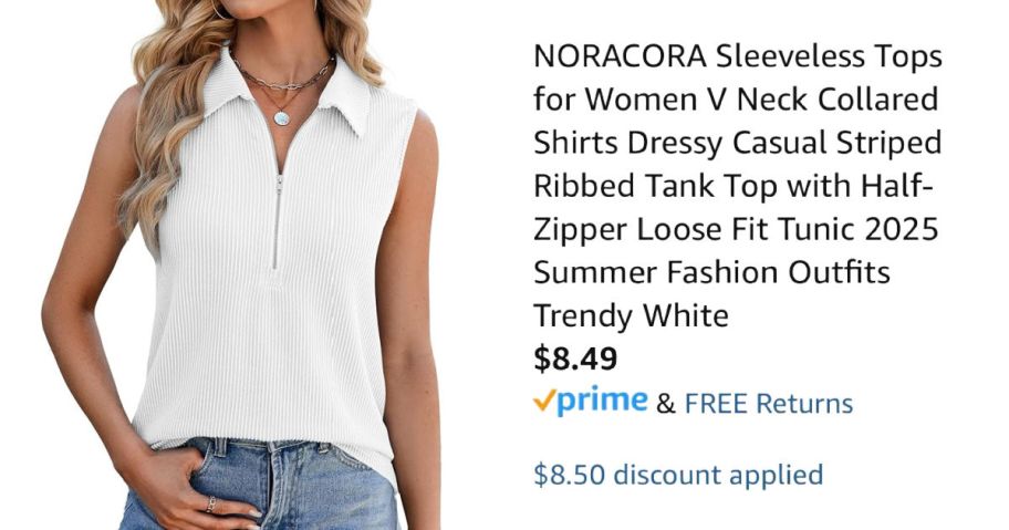 woman wearing white shirt next to Amazon pricing information