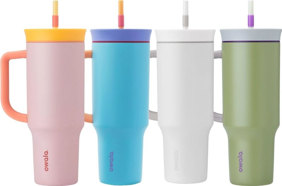 4 owala 40oz tumblers in 4 different colors; light pink, turquoise blue, white, and light olive green