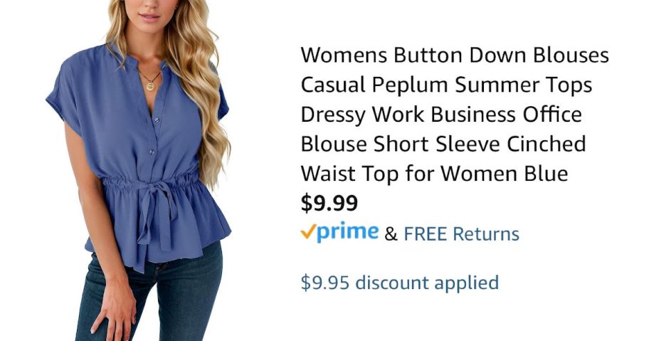 woman wearing blue shirt next to Amazon pricing information