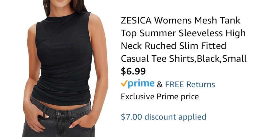 woman wearing black tank top next to Amazon pricing information