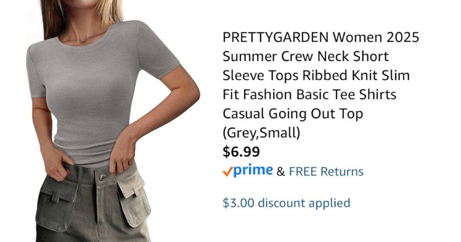 woman wearing gray shirt next to Amazon pricing information