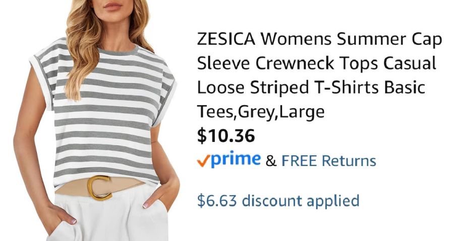 woman wearing striped shirt next to Amazon pricing information